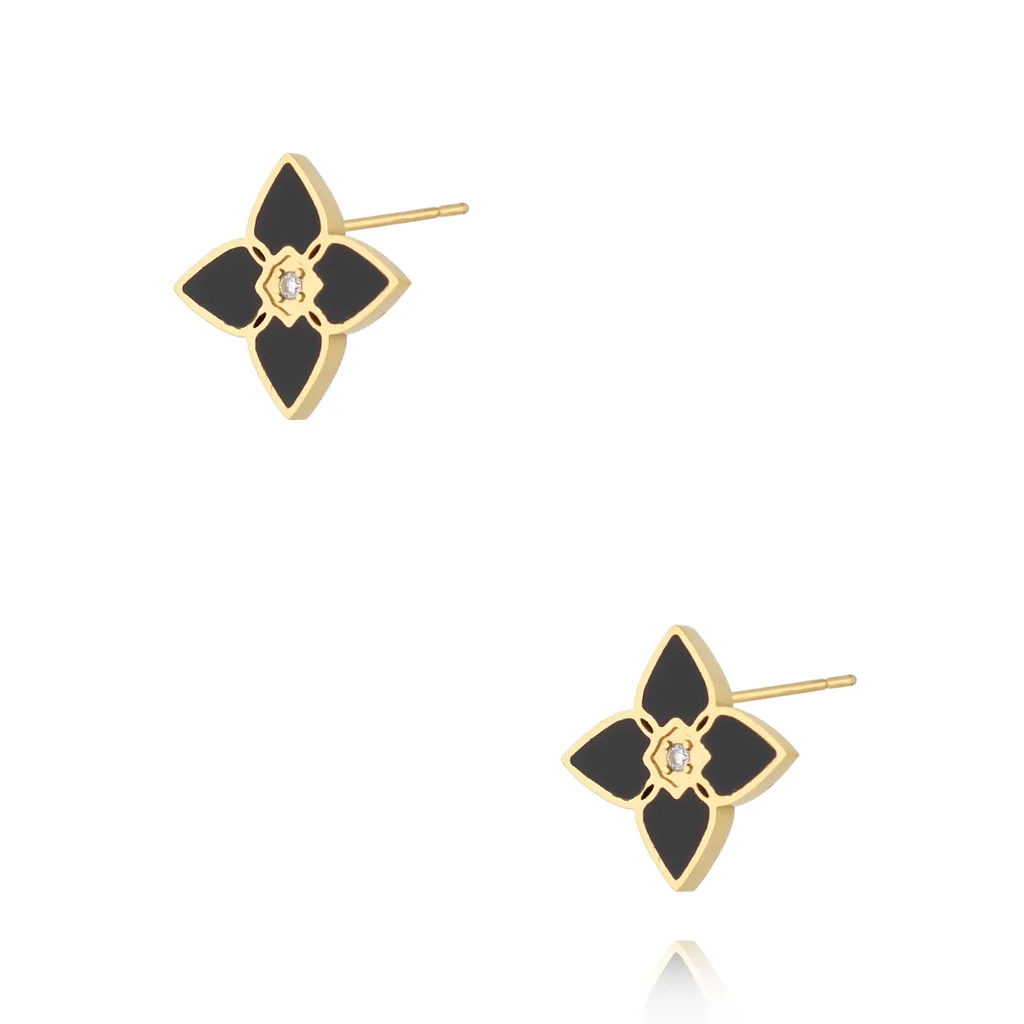 By Dziubeka KSA2079 Kolczyki z koniczynką złote z czarną emalią Segreto di Fortuna