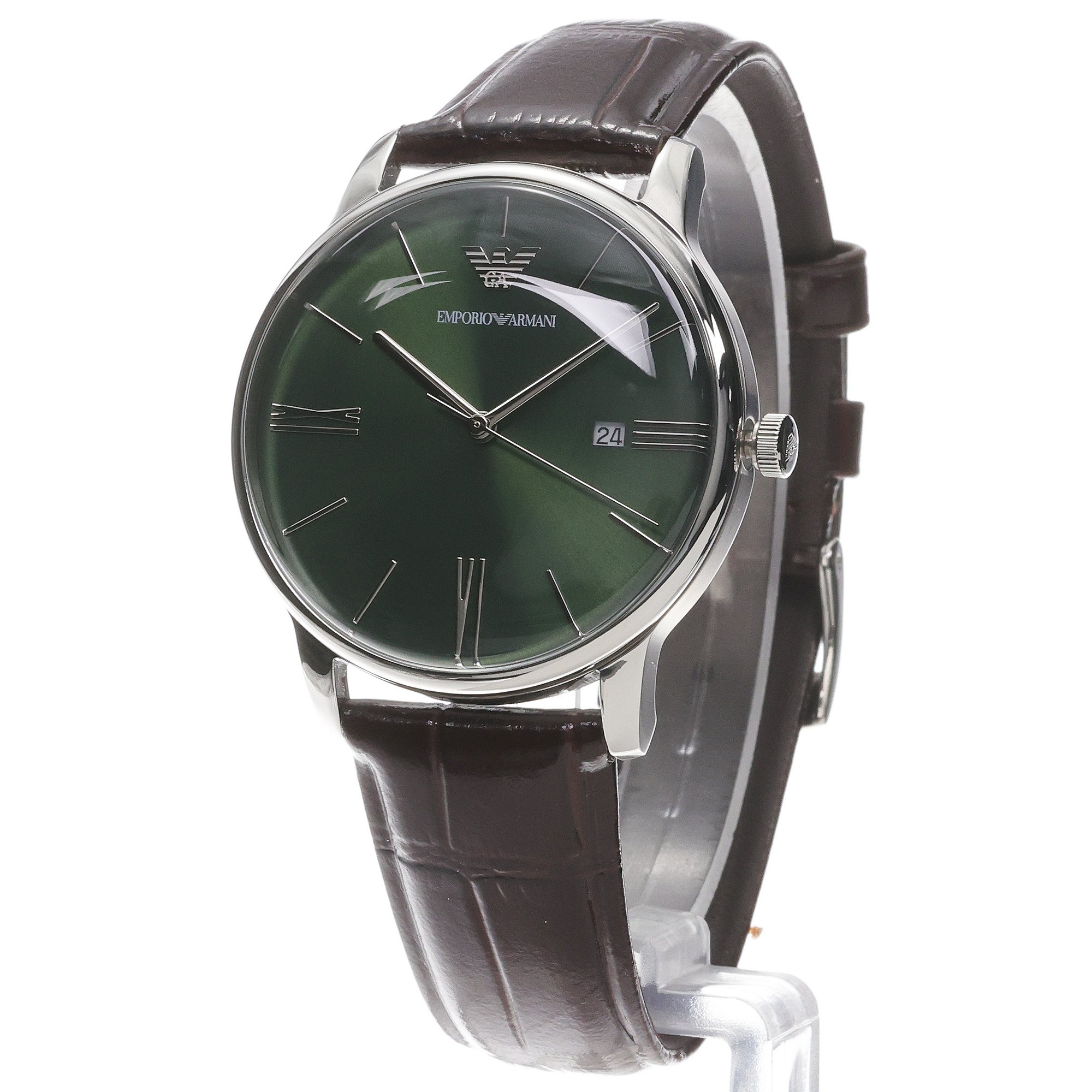 Emporio Armani AR11672 Three-Hand Date Brown Leather Watch Emporio Armani klasyczny zegarek srebrny