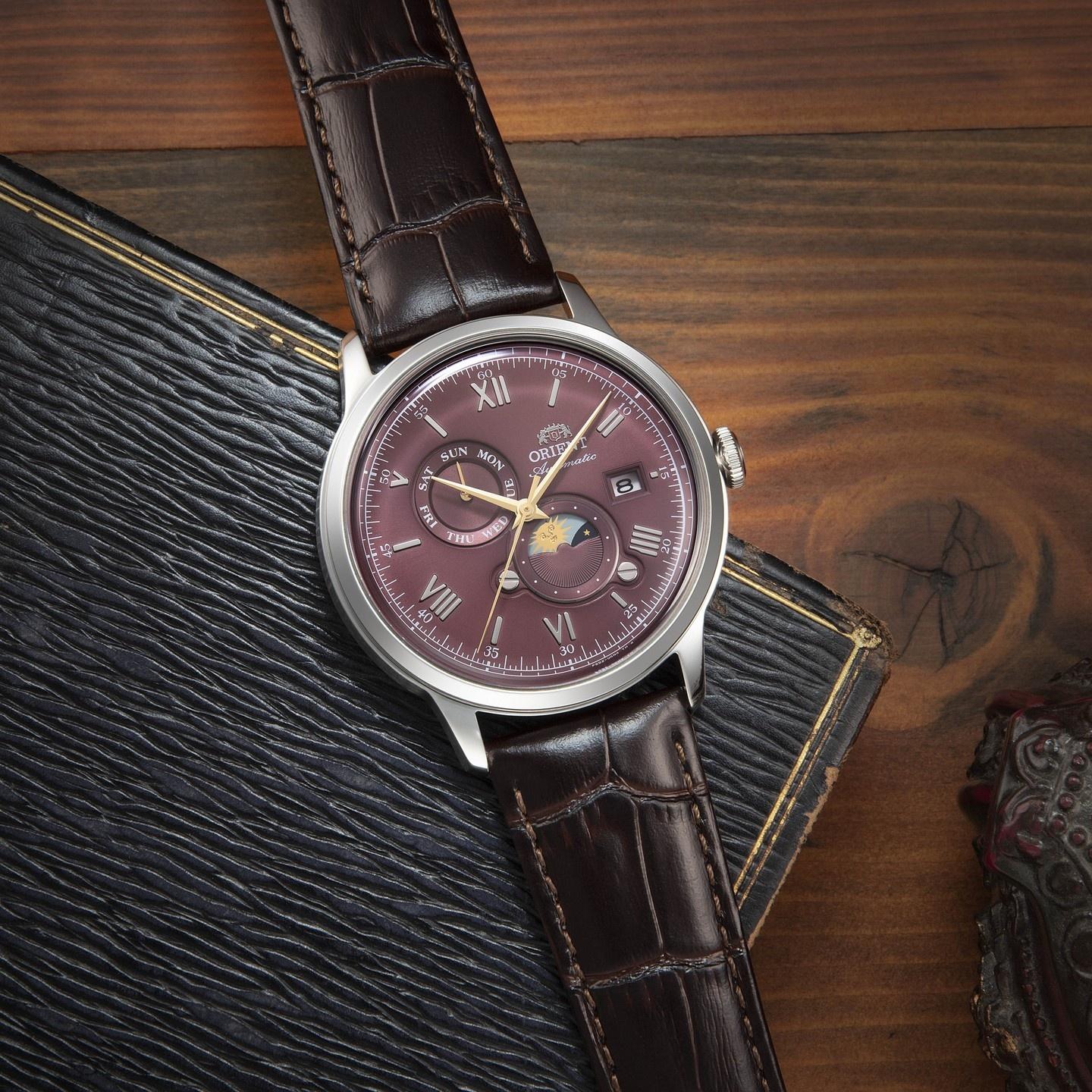 Orient RA-AK0807R30B Classic Bambino Sun Moon zegarek męski klasyczny mineralne