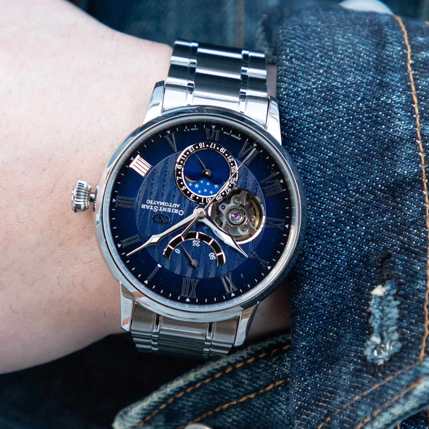 Orient Star RE-AY0103L00B Open Heart Mechanical Moon Next Generation Open Heart klasyczny zegarek srebrny - miniatura 9