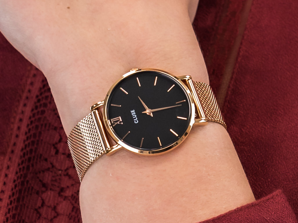 Cluse CLA004 Mesh Gift Box Rose Gold Black + Black Strap zegarek klasyczny Minuit - miniatura 4