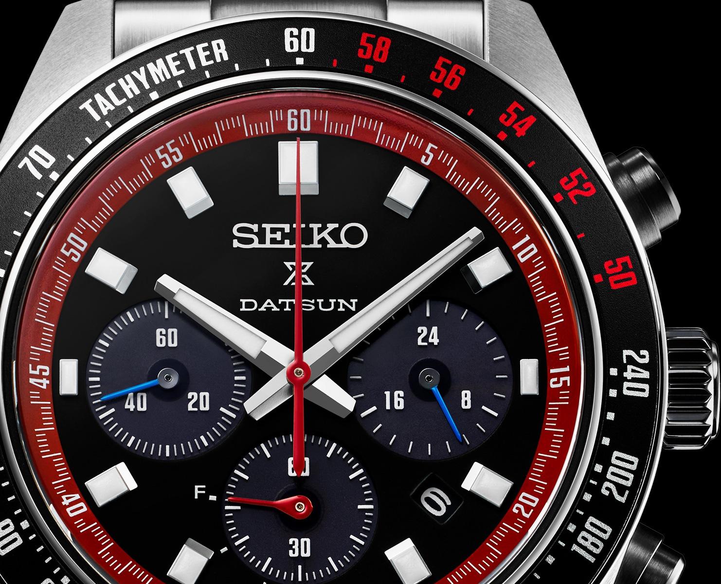 Zblizenie na tarczę Seiko Prospex Speedtimer  z kolaboracją z Datsun 240Z