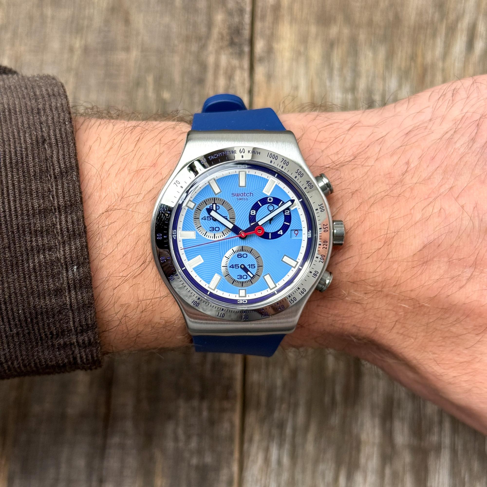 Swatch YVS541 zegarek srebrny sportowy Irony pasek