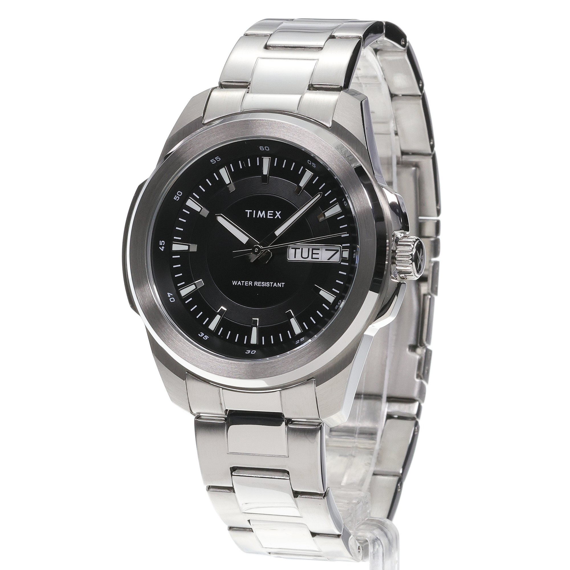 Timex TW2Y21000 Essex Day and Date 45mm Stainless Steel Bracelet Watch Essex Avenue klasyczny zegarek srebrny