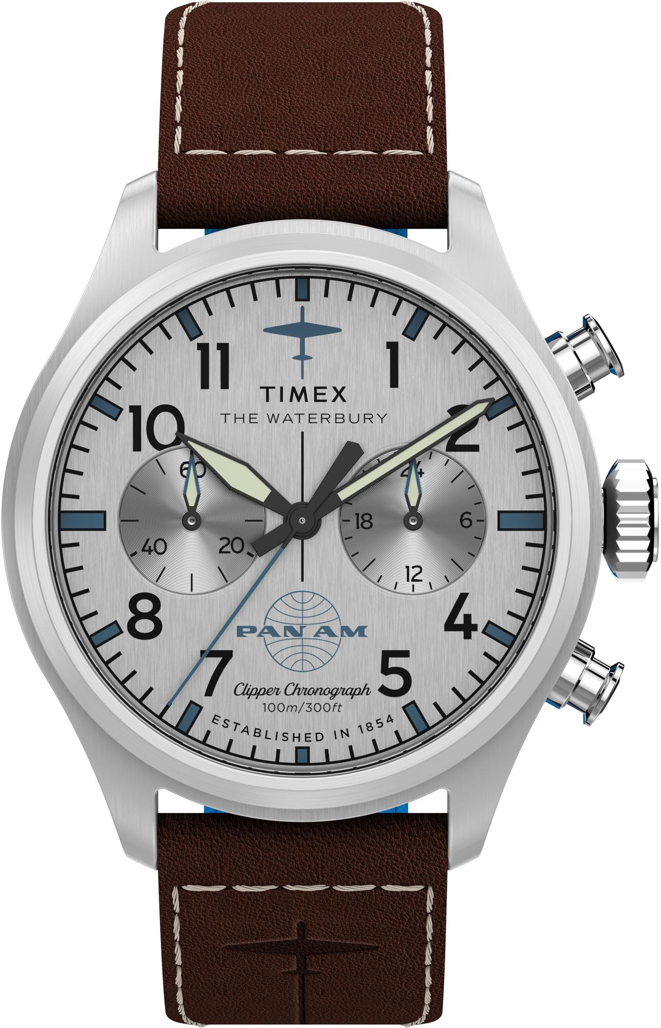 Timex x Pan Am® Waterbury Ace Chronograph 41mm Leather Strap Watch Timex TW2Y38700 