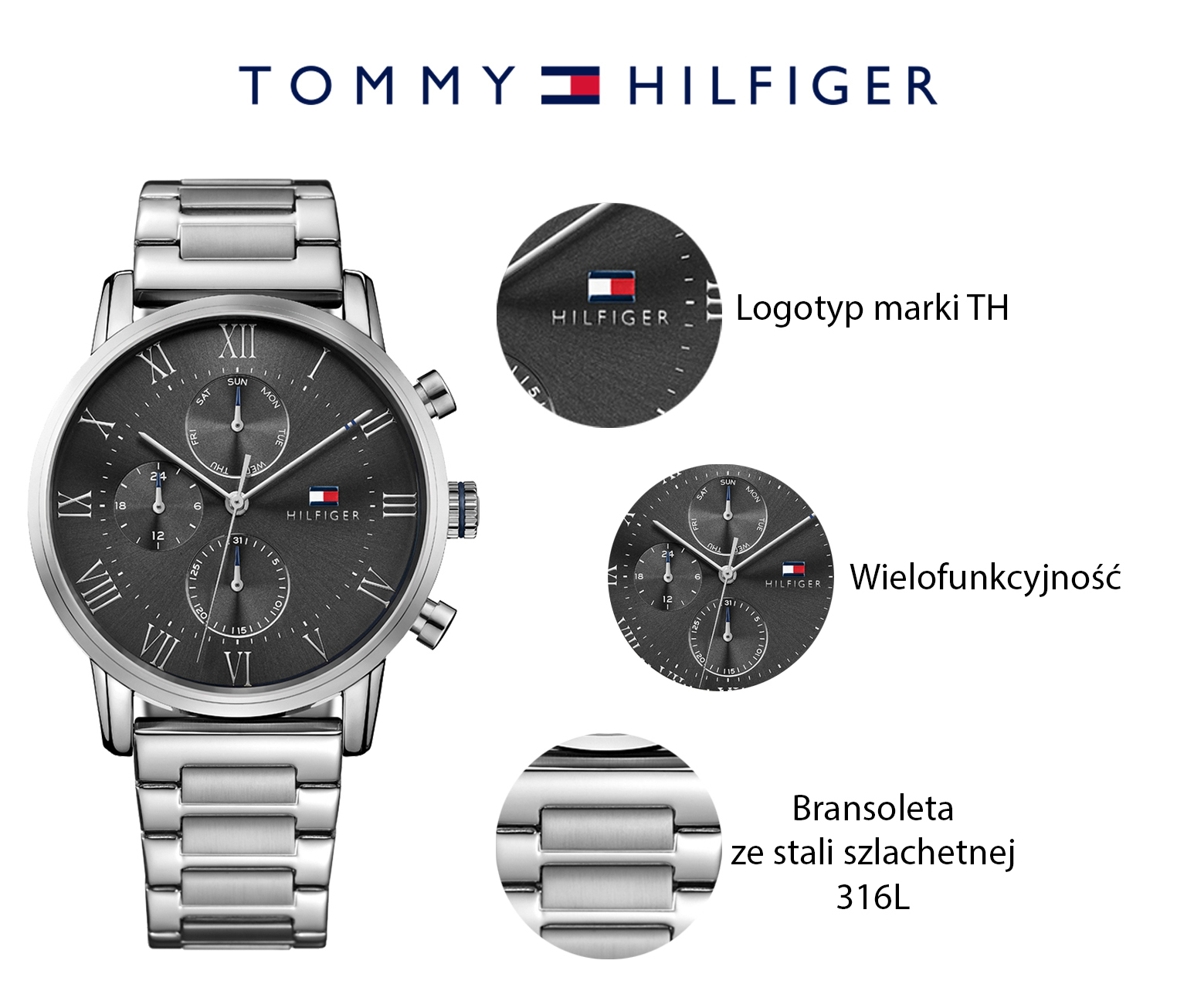 Tommy Hilfiger 1791397 zegarek srebrny fashion/modowy Męskie bransoleta