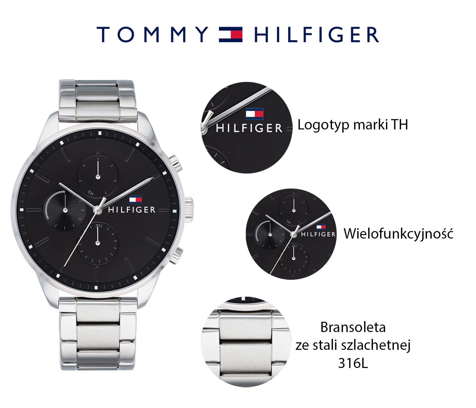 Tommy Hilfiger 1791485 zegarek srebrny klasyczny Męskie bransoleta
