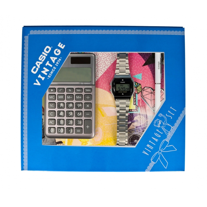 Casio Vintage CASIO A158WEAD-1EF + KALKULATOR CASIO SL-1000SC + DŁUGOPIS ZESTAW-19-CV-GIFT-SET-SILVER