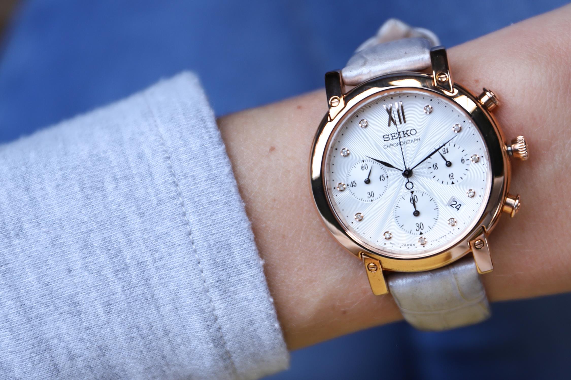Seiko SRW834P1 zegarek różowe złoto elegancki Chronograph pasek