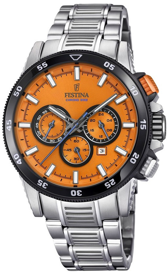 Festina Chrono Bike na srebrnej bransolecie z pomarańczową tarczą