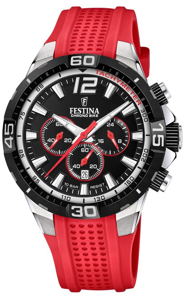 męski zegarek Festina Chrono Bike z czarną tarczą i czerwonym paskiem kauczukowym