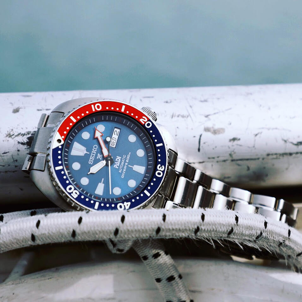 Seiko SRPA21K1 Prospex Diver Automatic Turtle PADI Special Edition Pepsi Prospex sportowy zegarek srebrny