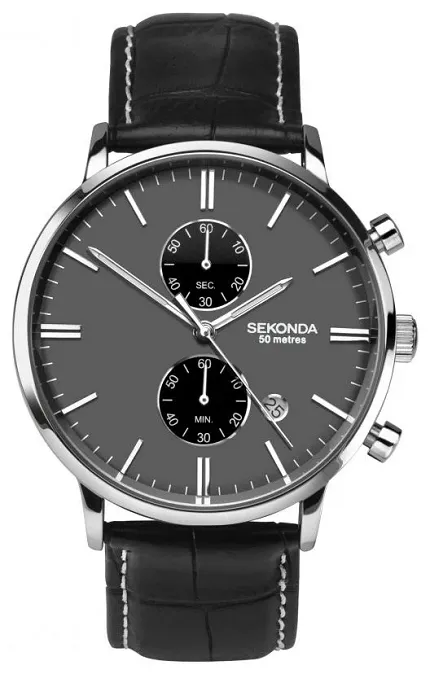 Sekonda SEK.1509 Chronograph Mens Black Leather Strap Chronograph Watch - zdjęcie 1