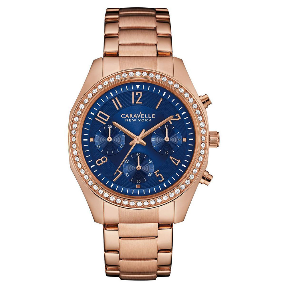Damski zegarek Caravelle New York z niebieską tarczą i cyrkoniami na kopercie w kolorze rose gold