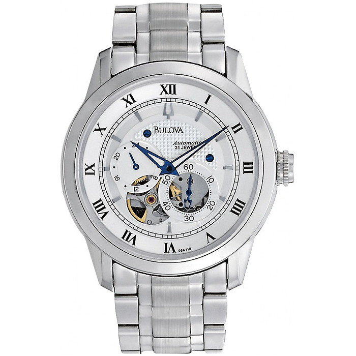 Luksusowy, męski zegarek Bulova 96A118 Automatic na bransolecie i kopercie wykonanych ze stali w srebrnym kolorze. Tarcza zegarka Bulova jest srebrna z open heart oraz dwiema subtarczami. Wskazówki są w kolorze ciemnego granatu.