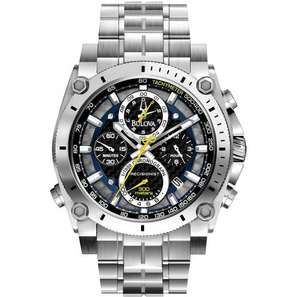Sportowy, męski zegarek Bulova 96G175 Precisionist na klasycznej, srebrnej bransolecie wykonanej ze stali. Koperta, tak samo jak bransoleta została wykonana ze stali również w srebrnym kolorze. Analogowa tarcza zegarka Bulova jest w czarno-srebrnym kolorze z czterema subtarczami z żółtymi wskazówkami. Wskazówki zegarka są w srebrnym kolorze z sekundnikiem, który jest żółty.