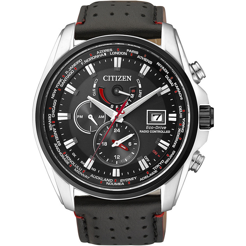 zegarek męski Citizen Eco-Drive Radio Controlled na czarnym pasku skórzanym z perforacją