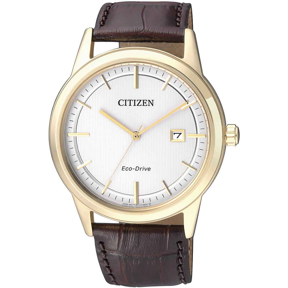 Zegarek męski Citizen Eco-Drive ze złotą kopertą i datownikiem na brązowym pasku skórzanym