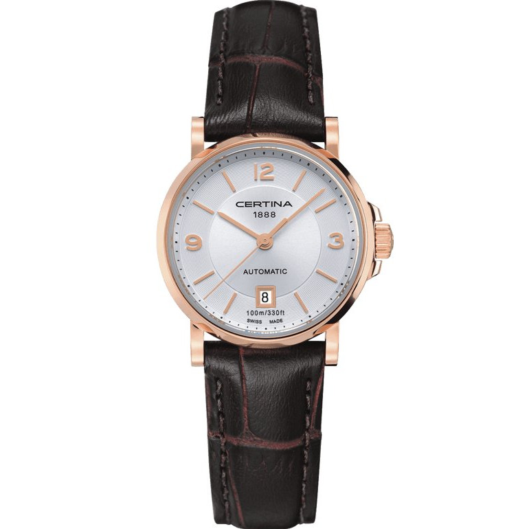 zegarek Certina Automatic z różową kopertą i brązowym paskiem