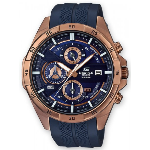 męski zegarek Casio Edifice z granatową tarczą na granatowym pasku kauczukowym i różowo-złotą kopertą