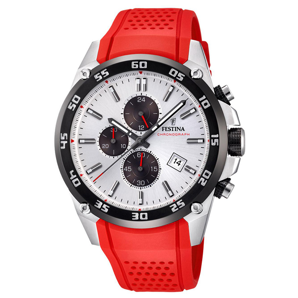 zegarek męski Festina Chronograph z czerwoną gumową bransoletą i srebrną tarczą