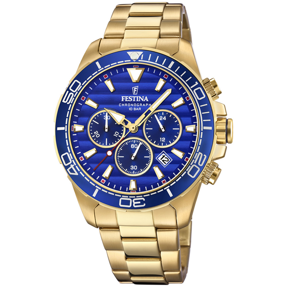 złoty zegarek Festina Chronograph z niebieską tarczą i chronografem na bransolecie