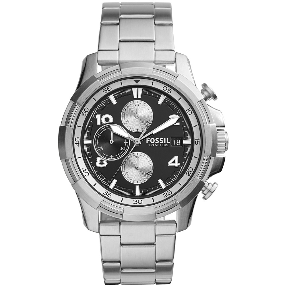 Czarna tarcza w stalowej kopercie z chronografem