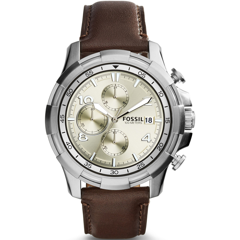 Chronograf z szampańską tarczą i brązowym paskiem