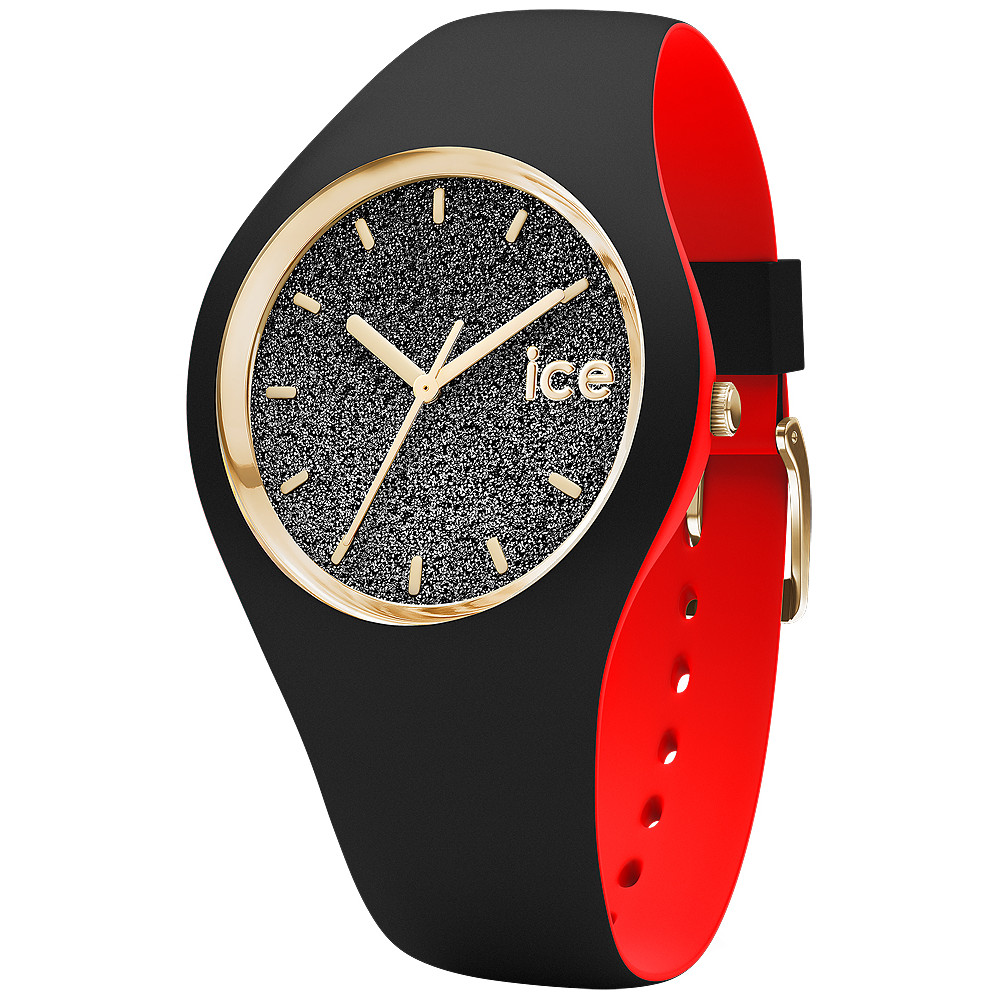 zegarek Ice-Watch z czarną, brokatową tarczą i złotymi indeksami na dwukolorowym pasku czarno-czerwonym