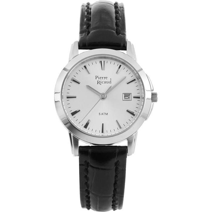 Srebrzysta tarcza w stalowej kopercie i czarny pasek ze skóry