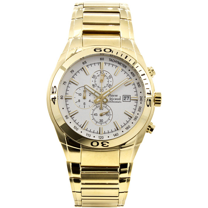 Złocony chronograf z jasną tarczą i skalą tachymetru