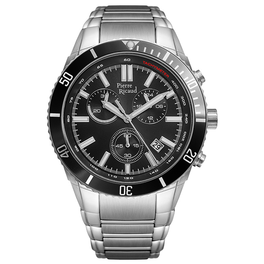 Czarna tarcza i stalowa bransoleta w sportowym chronografie
