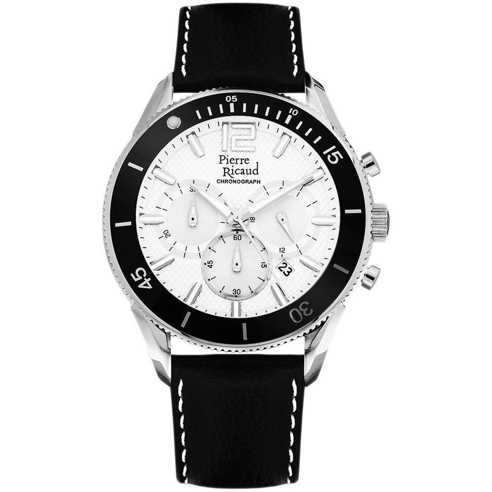 Biała tarcza i czarny bezel w chronografie na skórzanym pasku