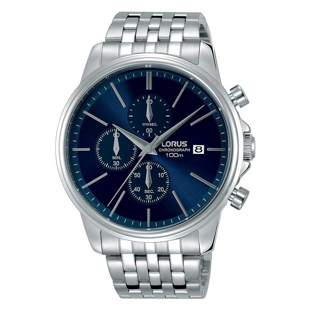 zegarek męski Lorus Chronograph z niebieską tarczą na stalowej bransolecie