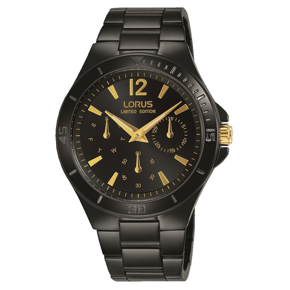 Elegancki, damski zegarek Lorus RP693CX9 Limited Edition na czarnej stalowej kopercie i bransolecie. Analogowa tarcza zegarka w kolorze czarnym jest ozdobiona złotymi indeksami, wskazówkami jak i subtarczami.