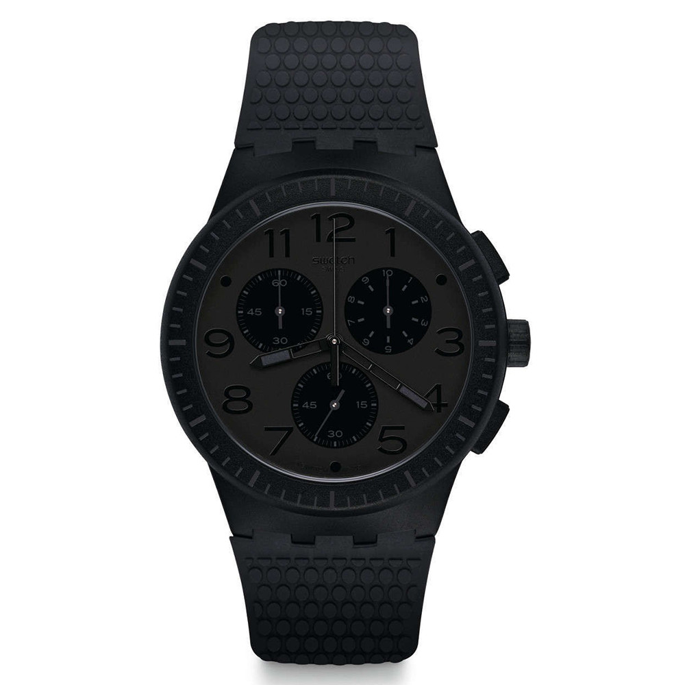 czarny zegarek Swatch Chronograph z gumowym paskiem i tarczą z trzema sub-tarczami