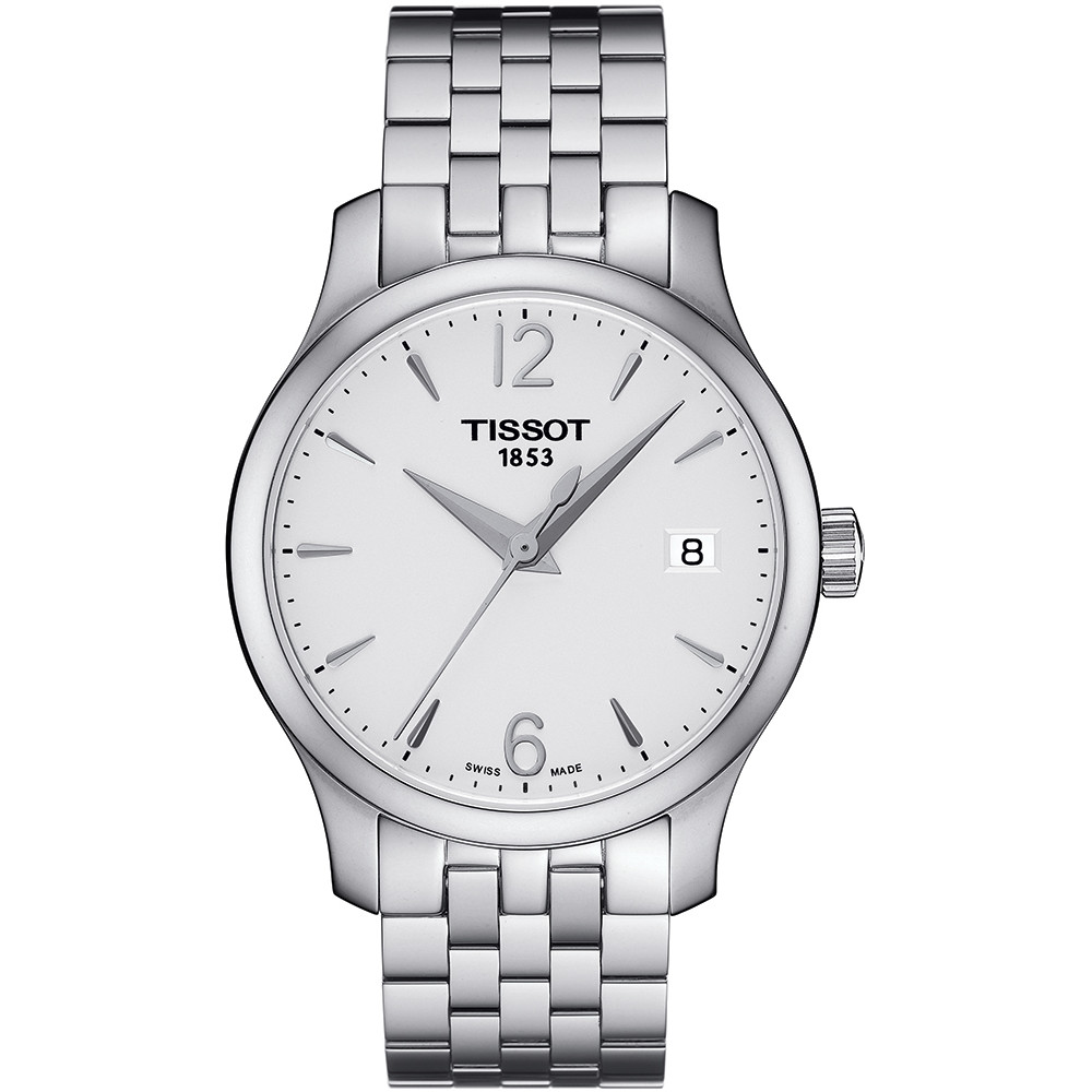 srebrny zegarek Tissot 1853 z białym cyferblatem i datownikiem na stalowej bransolecie