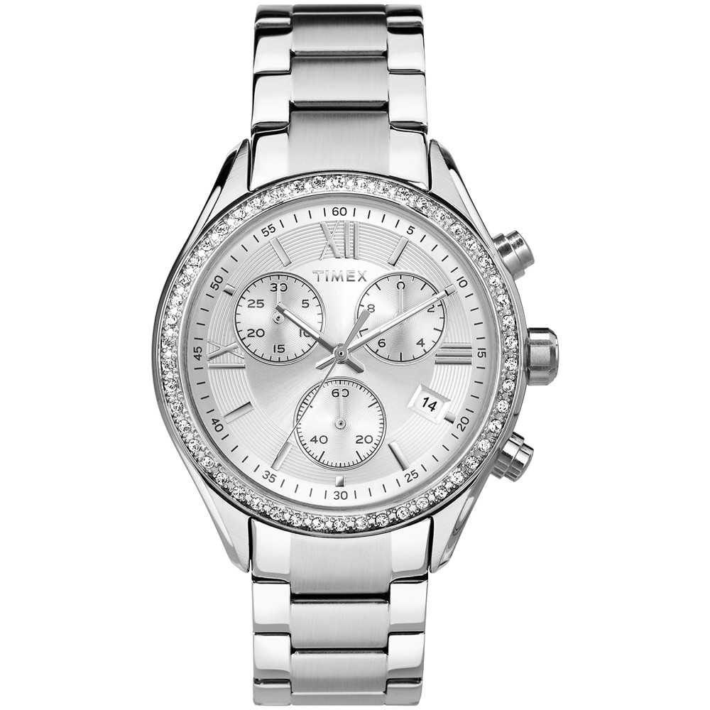 Elegancki, damski zegarek Timex TW2P66800 Miami z koperta ozdobiona diamencikami Swarovskiego i bransoletą w srebrnym kolorze, wykonanych ze stali. Tarcza zegarka jest srebrna z trzema subtarczami oraz datownikiem na godzinie czwartej. Wskazówki jak i indeksy są w srebrnym kolorze.