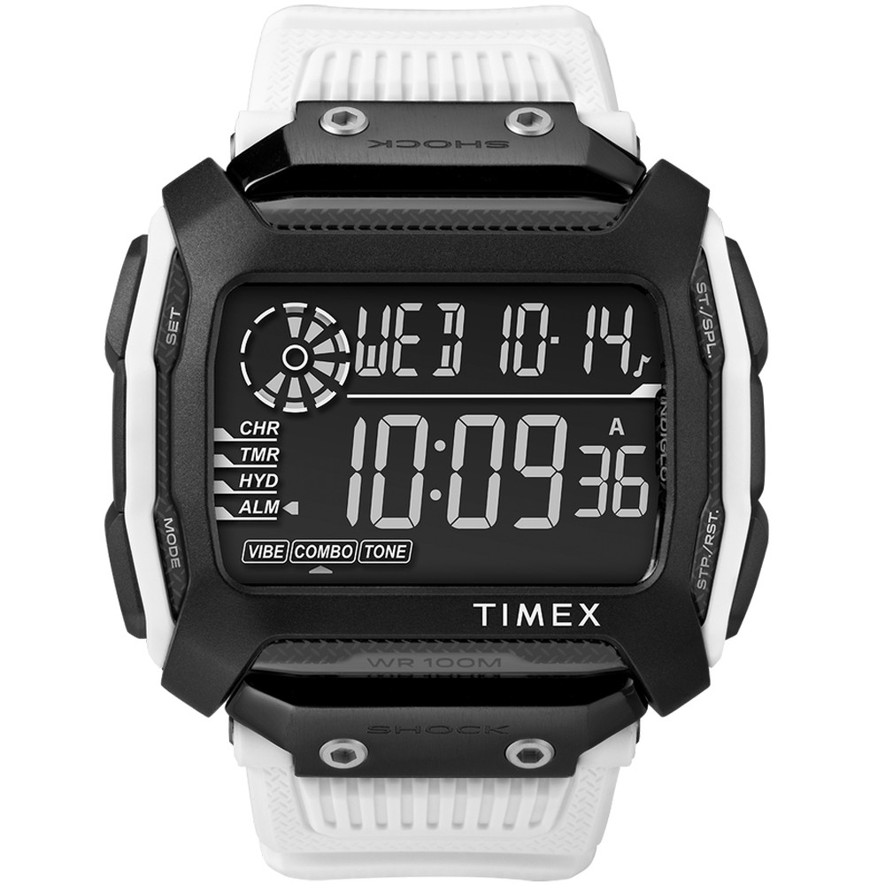 Zegarek Timex z elektronicznym wyświetlaczem w czarno-białej kolorystyce