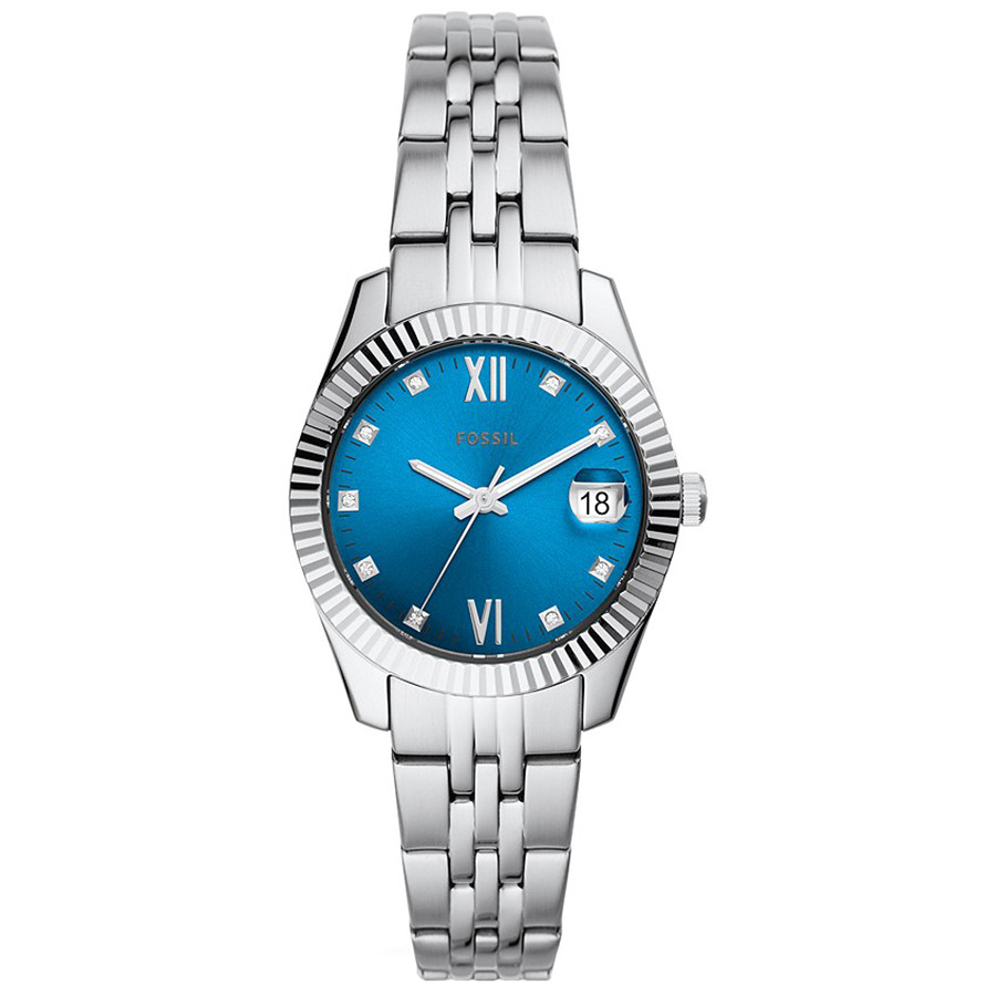 Błękitna tarcza z cyrkoniami i ryflowany bezel
