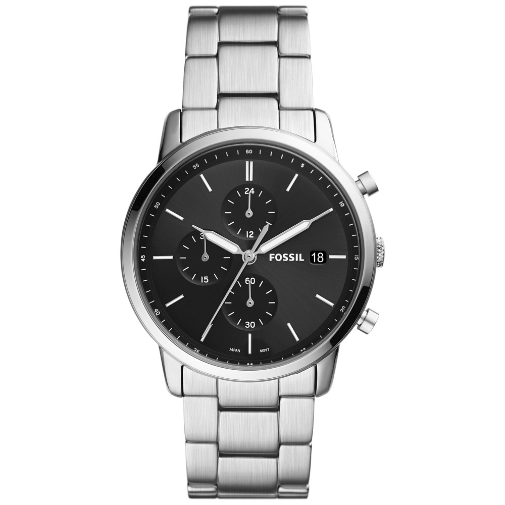Czarna tarcza chronografu w stalowej kopercie
