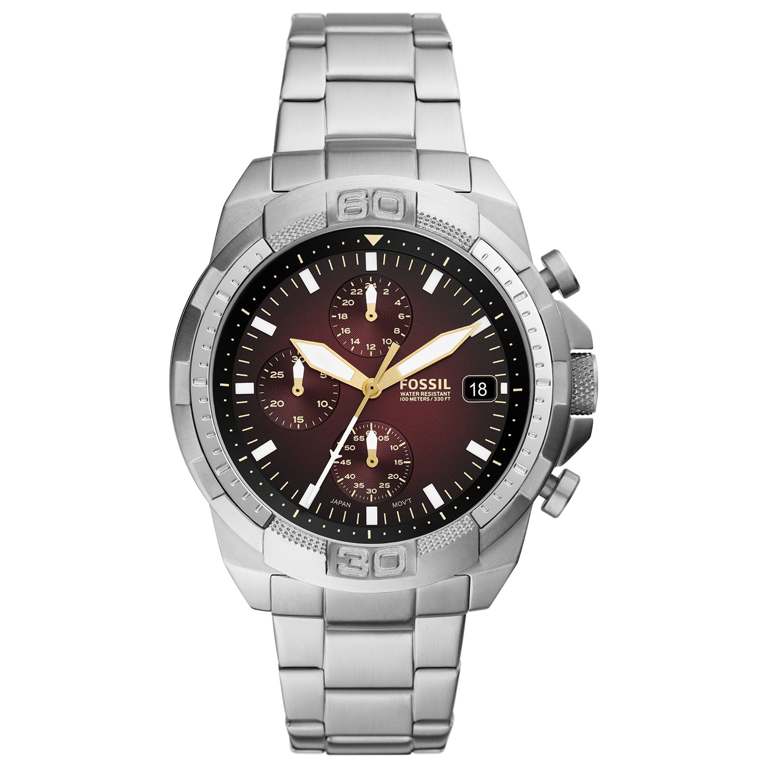 Bordowa tarcza i stalowy chronograf