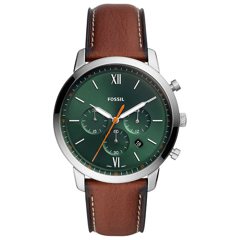 Zielona tarcza i brązowa skóra w chronografie Fossil