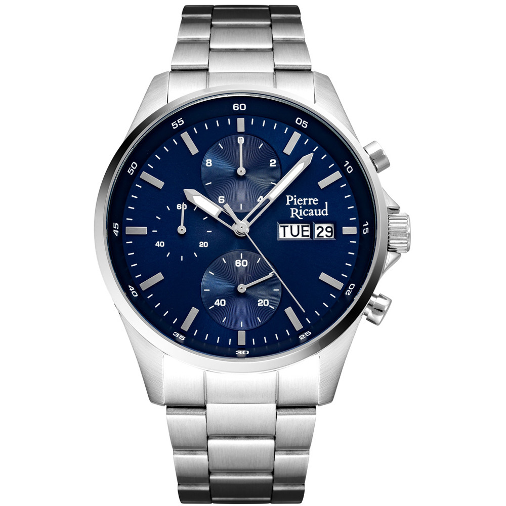 Granatowa tarcza chronografu w stalowej kopercie