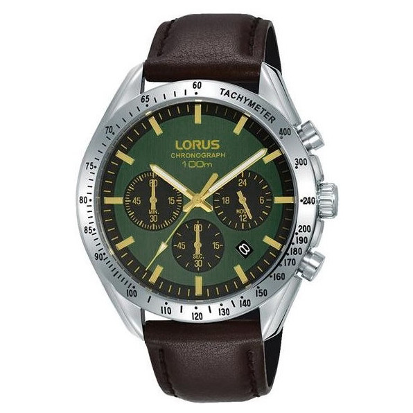 zegarek męski Lorus Chronograph z zieloną tarczą na brązowym skórzanym pasku