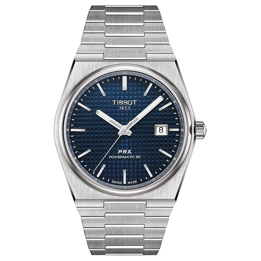 zegarek męski Tissot PRX Powermatic 80 z niebieską, fakturowaną tarczą na stalowej bransolecie