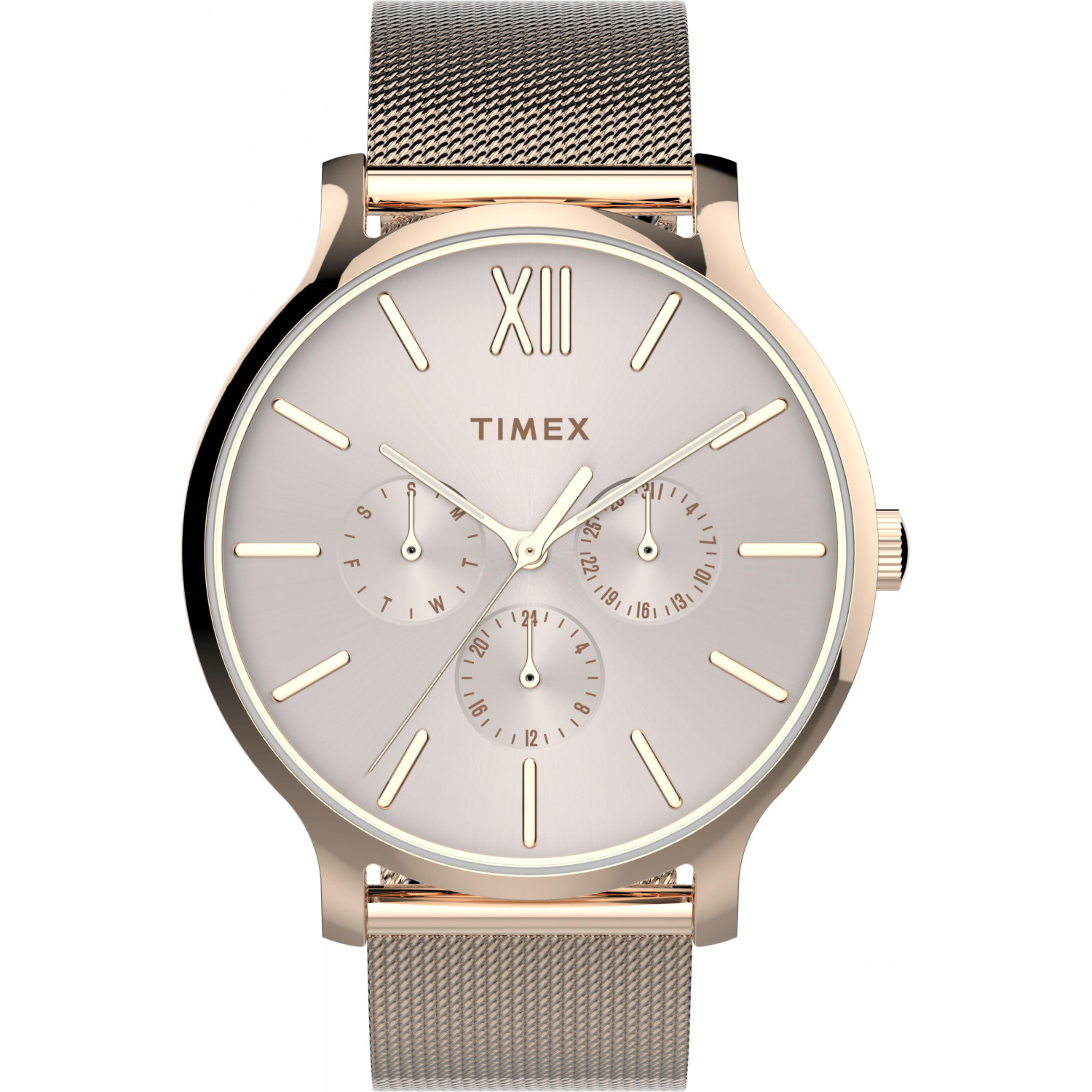 zegarek Timex z różowo-złotą kopertą i bransoletą mesh, z tarczą w kolorze ecru
