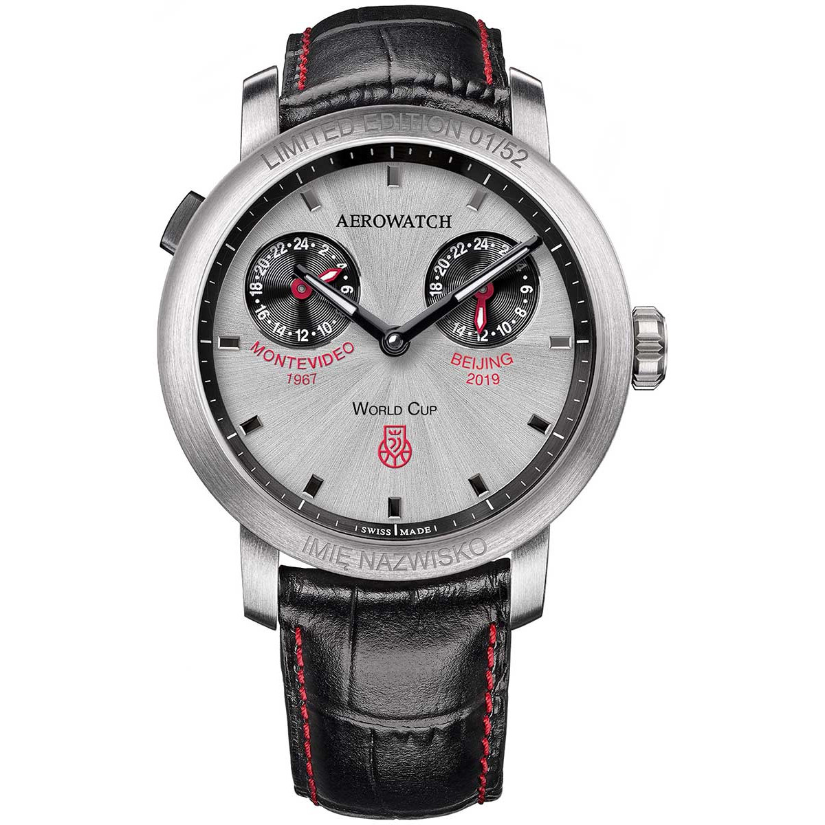 limitowany zegarek Aerowatch z czarnym paskiem i srebrną tarczą, edycja 01/52