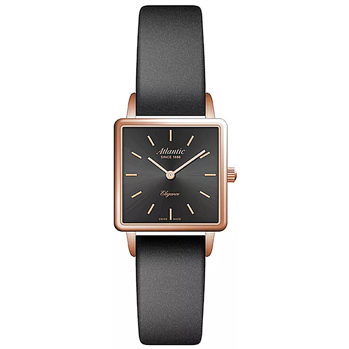 zegarek Atlantic Elegance z czarną tarczą na czarnym pasku skórzanym i kopertą w kolorze rose gold