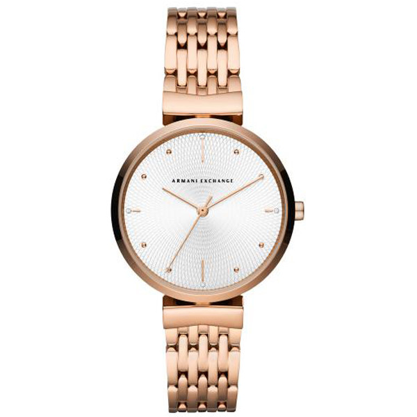 zegarek damski Armani Exchange z różową kopertą i białą tarczą na bransoletce